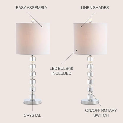 JONATHAN Y 27.5" Chrome Modern Stacked Crystal Table Lamp Set of 2 for Living Room Bedroom, Glam Bedside Nightstand Lamps, White Linen Shade, LED Bulbs Included, UL Listed JYL5053A-SET2