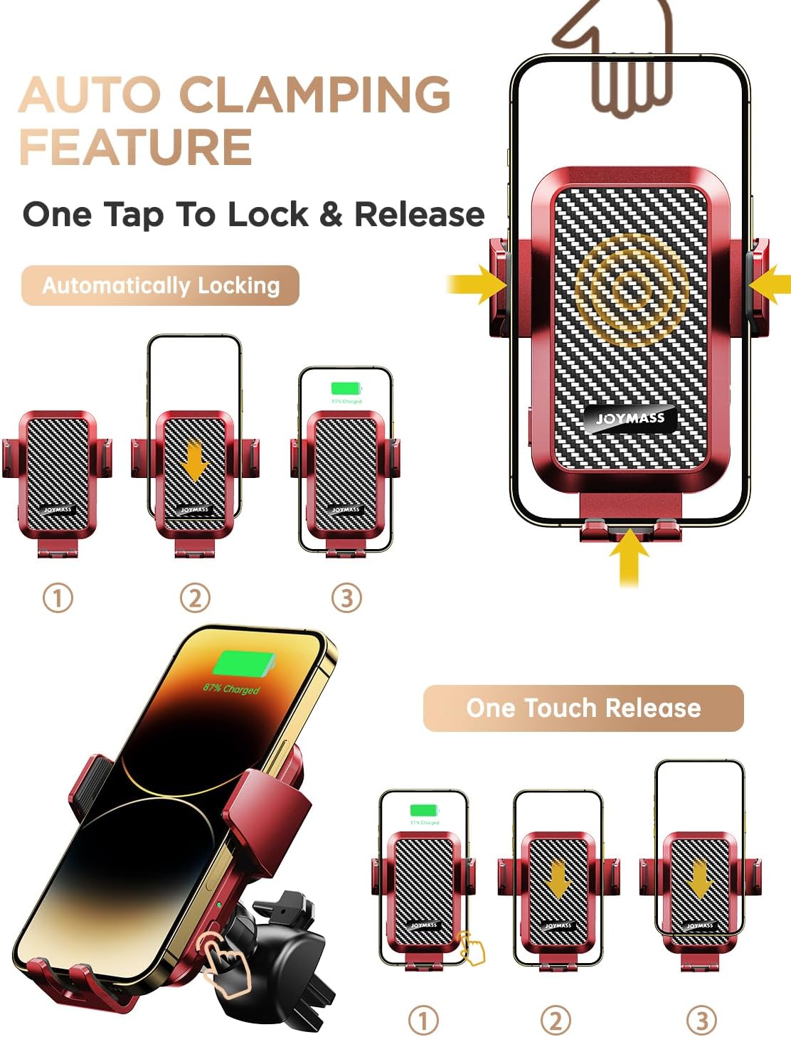 Wireless Car Charger, 15W Fast Charging Auto Clamping Car Charger Cell Phone Holder Mount Vent for iPhone 15 14 13 12 Mini Pro Max 11 XR, Samsung Galaxy S23 Ultra S22 S21+ Note 20, etc - Red