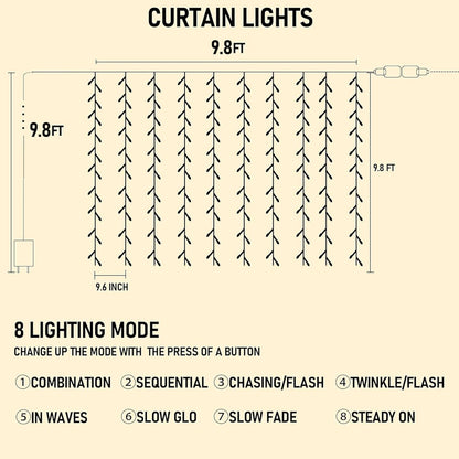 Dazzle Bright 300 LED Curtain String Lights, Christmas Fairy Lights for Bedroom with 8 Lighting Modes, Connectable Waterproof Window Lights Party Wedding Garden Wall Decor, Blue
