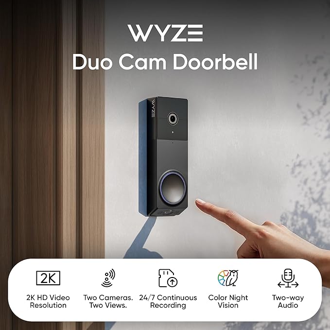 WYZE Wireless Duo Cam Video Doorbell (Chime Included), Battery Powered, 2K Full HD Video, 2 Cameras (People and Package), 2-Way Audio, Color Night Vision, Silver