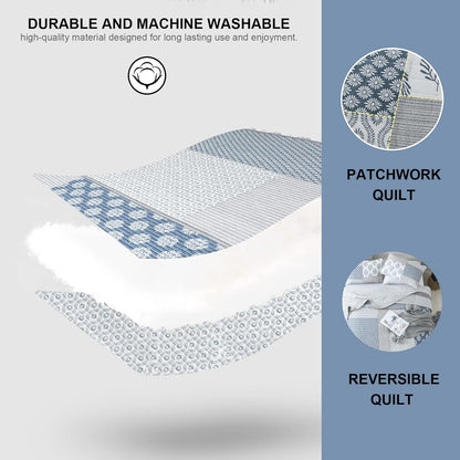 PANGUSHAN Quilt Set King Size, 100% Cotton Bedspread Quilt Bedding Set, Patchwork Reversible Floral Quilt for King Bed, Blue/Grey/White Bed Spread, Lightweight Comforter for All Season, 3 Pieces
