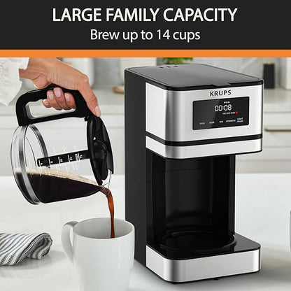 KRUPS Simply Brew: Stainless Steel and Glass Carafe 12 Cup Drip Coffee Maker, Programmable with Digital Display, Dishwasher Safe, Drip Free Coffee Machine, Black and Silver