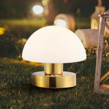 JONATHAN Y 5.75" Brass Gold/White Rechargeable Portable LED Table Lamp, Cordless Mushroom Accent Light for Bar, Nightstand, with Frosted White Glass Shade (JYL7113C)