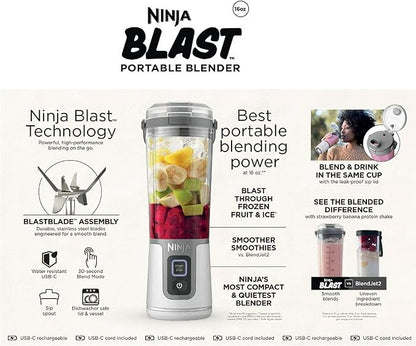 Ninja Blast 16 oz. Personal Portable Blender with Leak Proof Lid and Easy Sip Spout, Perfect for Smoothies, Cordless, USB-C Rechargeable, Dishwasher Safe Parts (Renewed) (White)