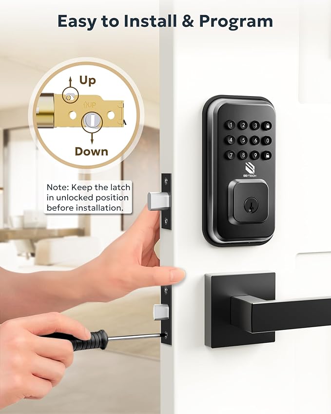 BE-TECH Keyless Entry Smart Door Lock with 2 Lever Handles, Electronic Front Door Locks Set, Digital Keypad Deadbolt, Auto Lock, One Time Codes, Anti Peeping Code, Easy Installation, Black