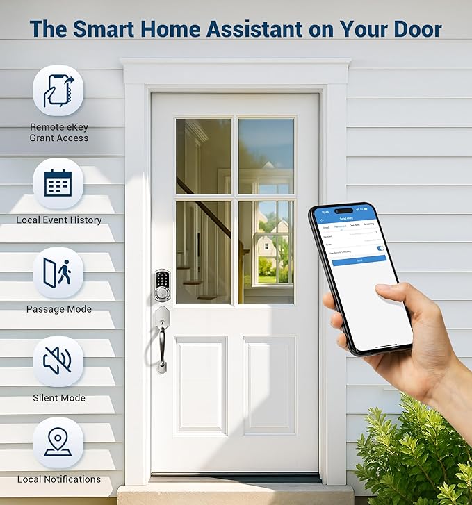 Veise VE06-H Smart Front Door Lock Set, App Control, Keyless Entry Deadbolt with Lever Handle, Electronic Digital Touchscreen Keypad, Auto Lock, Easy Install, Satin Nickel