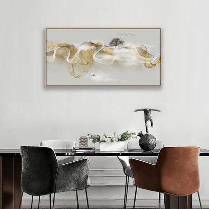 HUADAOART Wall Art Modern Zen Light Luxury Natural Landscape with Golden and White lines Background Wall Decor Canvas Prints for Living Room Bedroom 20x40 Inches (Framed)