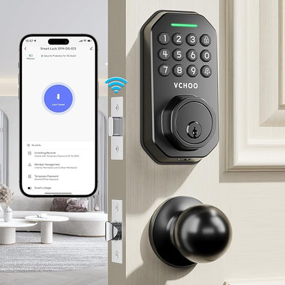 Keyless Entry Door Lock Set WiFi Smart App Control Door Lock for Front Door Keypad Deadbolt with 2 Knobs Auto Lock One Time Codes Easy Install, Black