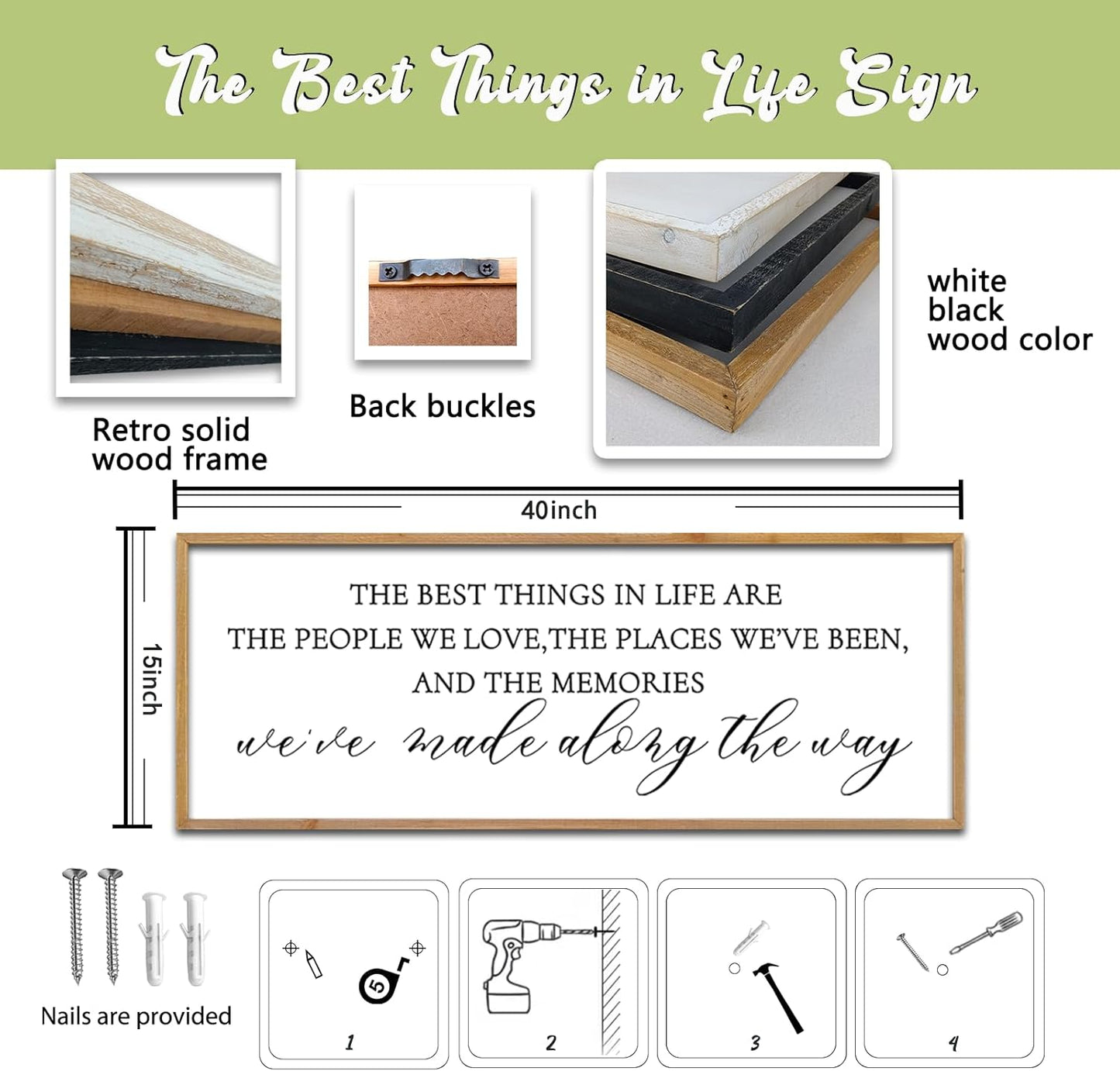 The Best Things in Life Wall Decor Sign 40 x 15 Inch Memories Inspirational Quotes Wood Framed Family Entryway Living Room Home Wall Art for Farmhouse Bedroom Room (Wood)
