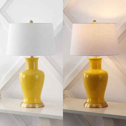 JONATHAN Y 29" Yellow Traditional Ceramic Urn LED Table Lamp for Bedroom Decor, White Linen Drum Shade, Classic Nightstand Lamp for Living Room, LED Bulb Included (JYL4026H)