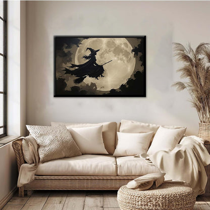 JFHCQJPK Full moon witch silhouette poster witch on magic broom Halloween mural poster decorative mural art suitable for home living room bedroom8x12in Metal blackFramed