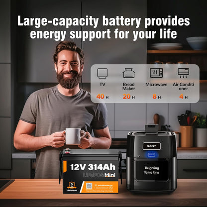 12V 314Ah (300Ah) LiFePO4 Lithium Mini Battery, Max. 4019Wh Energy, 15000+ Deep Cycles, 100A BMS Lithium Iron Phosphate Rechargeable Battery Great for RV, Marine and Off Grid Applications