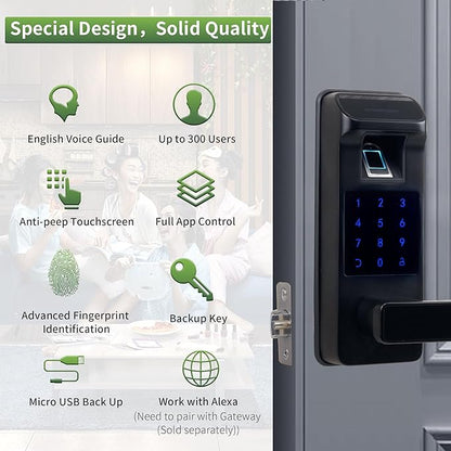 Harfo Smart Door Lock, Heavy Duty 5 in 1 Keyless Entry Door Lock, Full App Control Digital Keypad Lock, Reversible Handle with Fingerprints and Passcodes for Family/Office/Apartment (Black)