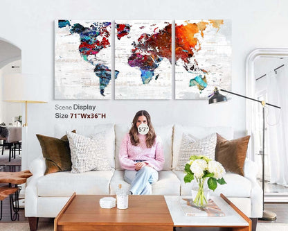 Elixart Modern Wall Art Canvas Pictures for Living Room Wall Decoration Red Orange Wall Decor for Bedroom Home Office Decor for Women Graffiti Map Paintings