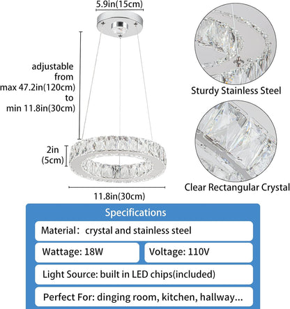 11.8" Crystal Chandelier LED Round Flush Mount Ceiling Light Fixture Modern Hanging Pendant Lighting Mini Ring Chandeliers for Dining Room Kitchen Island Hallway Bathroom (Cool White)