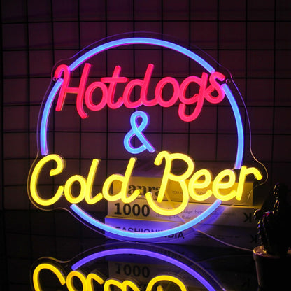 Hot Dogs and Cold Beer Neon Sign for Wall Decor Dimmable Bar Neon Light Sign Colorful LED Neon Signs Beer Neon Light Wall Art LED Sign for Bar Restaurant Shop Food Court Party Decor