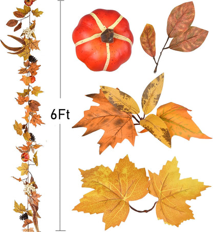 Lvydec Fall Maple Leaves Garland Decoration -6ft Artificial Fall Foliage Garland with White Pumpkins Pine Cone Autumn Decor for Halloween Thanksgiving Home Table Decor