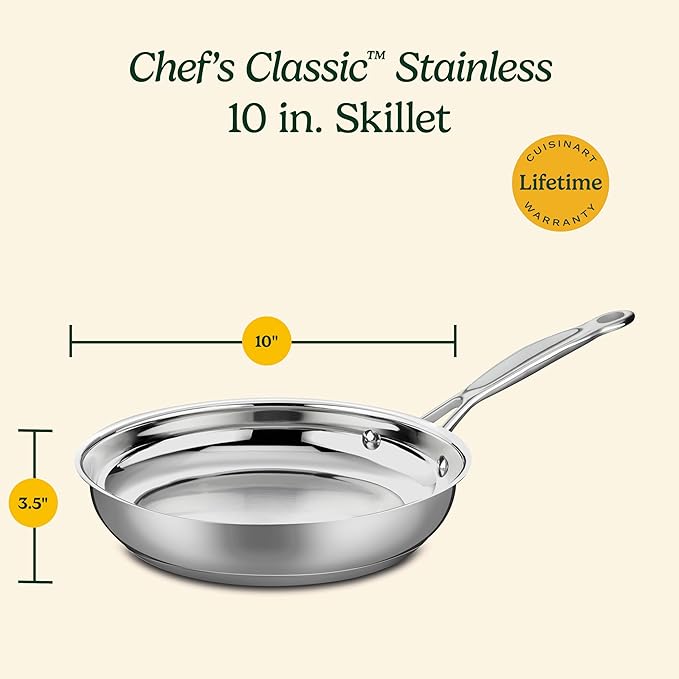 Cuisinart 10-Inch Open Skillet, Stainless Steel Skillet with Lid, Large Kitchen Pan, Dishwasher Safe, Compatible with Induction, Electric, Gas Cooktops, Oven Safe Saucepan, Cool Grip Handles