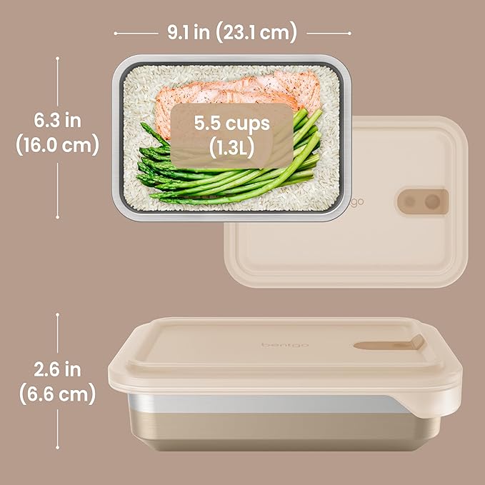 Bentgo MicroSteel Heat & Eat Container – Microwave-Safe, Leak-Proof & Airtight, Easy-to-Clean Lightweight Stainless Steel Reusable Food Storage with Silicone Lid (Dinner Size; 5.5-Cup Capacity; Gold)