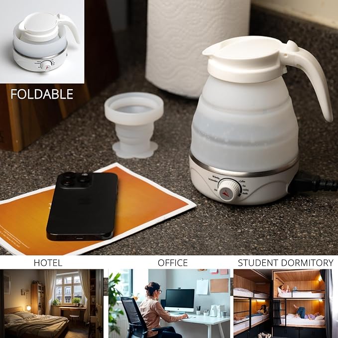 Nikao Home Foldable Electric Kettle With Milk Frother and Foldable Cup –Travel Kettle, Portable Tea Kettle for Travel, Mini Collapsible Water Warmer, Compact Design for Easy Storage and Quick Heating.