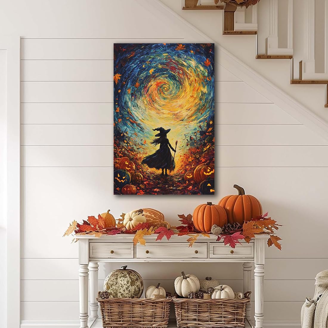 Halloween Autumn Witchy Decor Wall Art Prints,Gothic Witch in Whirlwind Autumn with Pumpkins Scene Pictures Poster,Fall Festival Home Decor Painting Canvas Poster for Bedroom Bathroom,16"x24" Unframed