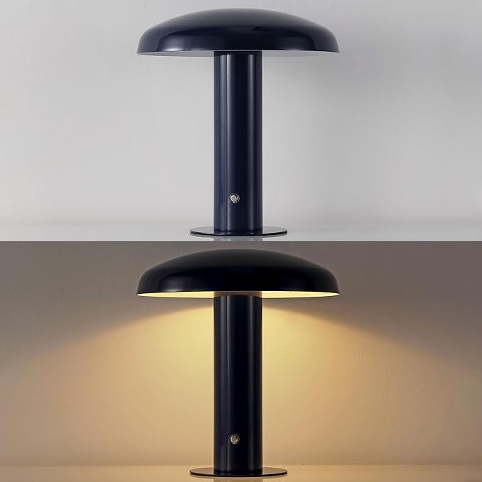 JONATHAN Y 11" Navy Rechargeable LED Mushroom Table Lamp, Cordless Portable Dimmable Mid-Century Modern Accent Lamp, with Metal Shade, Touch Sensor (JYL7114F)