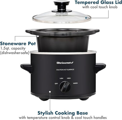 Elite Gourmet MST-250XBX Electric Slow Cooker Ceramic Pot, with Adjustable Temp, Entrees, Sauces, Soups, Roasts, Stews & Dips, Dishwasher Safe (1.5 Quart, Black)
