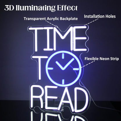 Time To Read Neon Sign Read Books Neon Light White Letter LED Signs Blue Clock Neon Read Light Up Sign for Bedroom Classroom Library Reading Corner Bookstore Decor