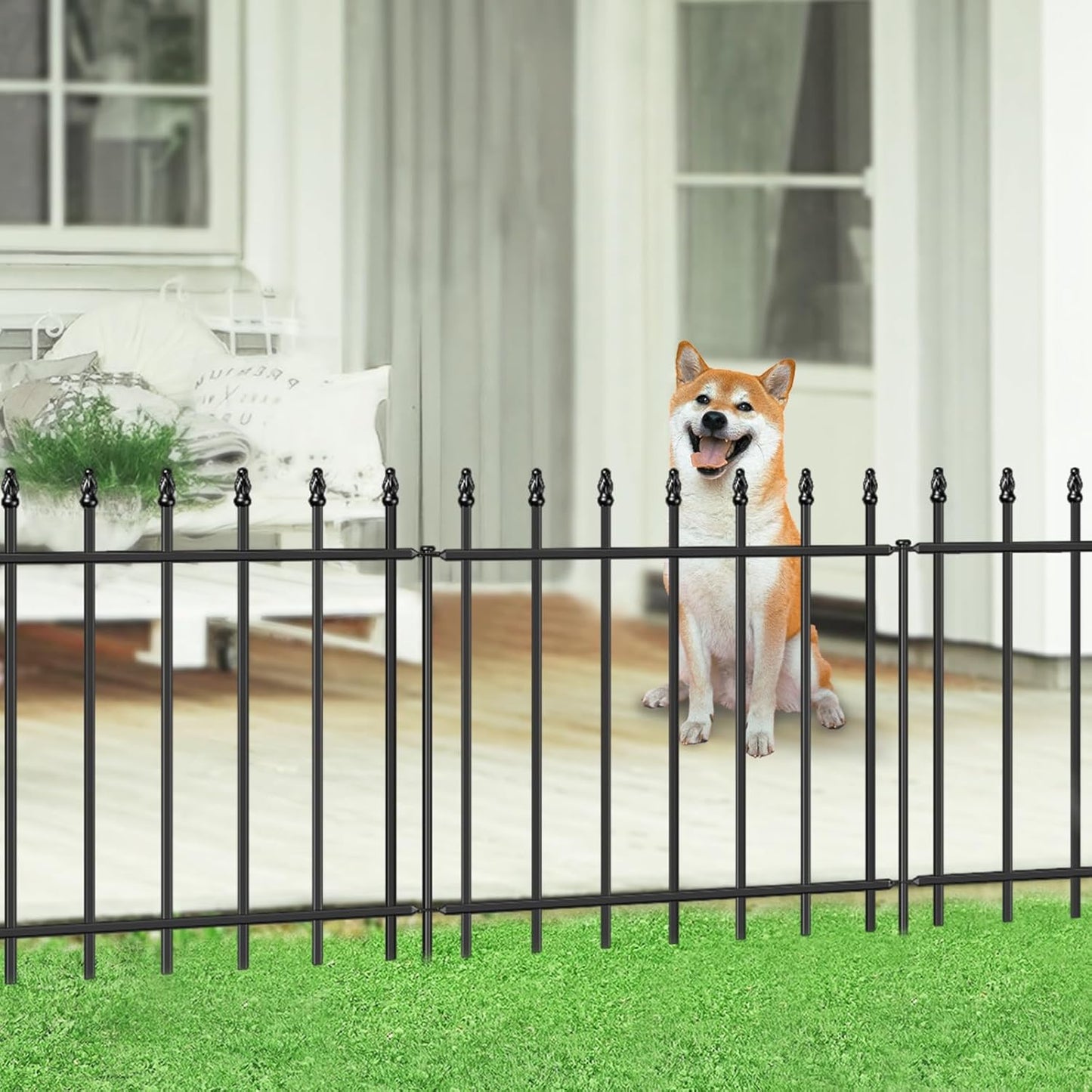 Decorative Metal Garden Fence 24 in H x 16 ft L,8 Panels + 9 Stakes Border Fence Panels Animal Barrier for Dogs, No Dig Garden Fencing for Yard Patio Flower Bed Lawn Outdoor,Black