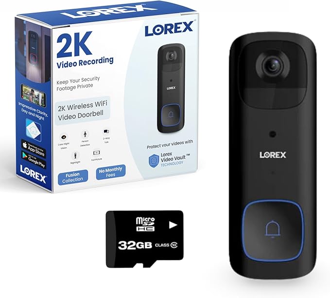 Lorex 2K Wireless WiFi Smart Video Doorbell Camera w/No Subscription Fee - Smart Security Lighting, Night Vision, Battery-Powered, Motion Detection (Black)