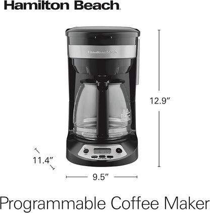Hamilton Beach 12 Cup Programmable Drip Coffee Maker Machine, Regular & Bold Brew Options, Auto Pause and Pour, Glass Carafe, Black with Stainless Accents (46299J)