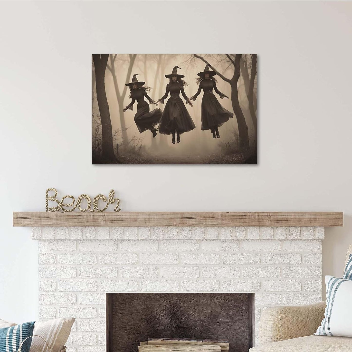 Three ghost witches flying in vintage forest gothic wall art witchcraft decoration holiday gift canvas wall art print8x12in Wood Framed
