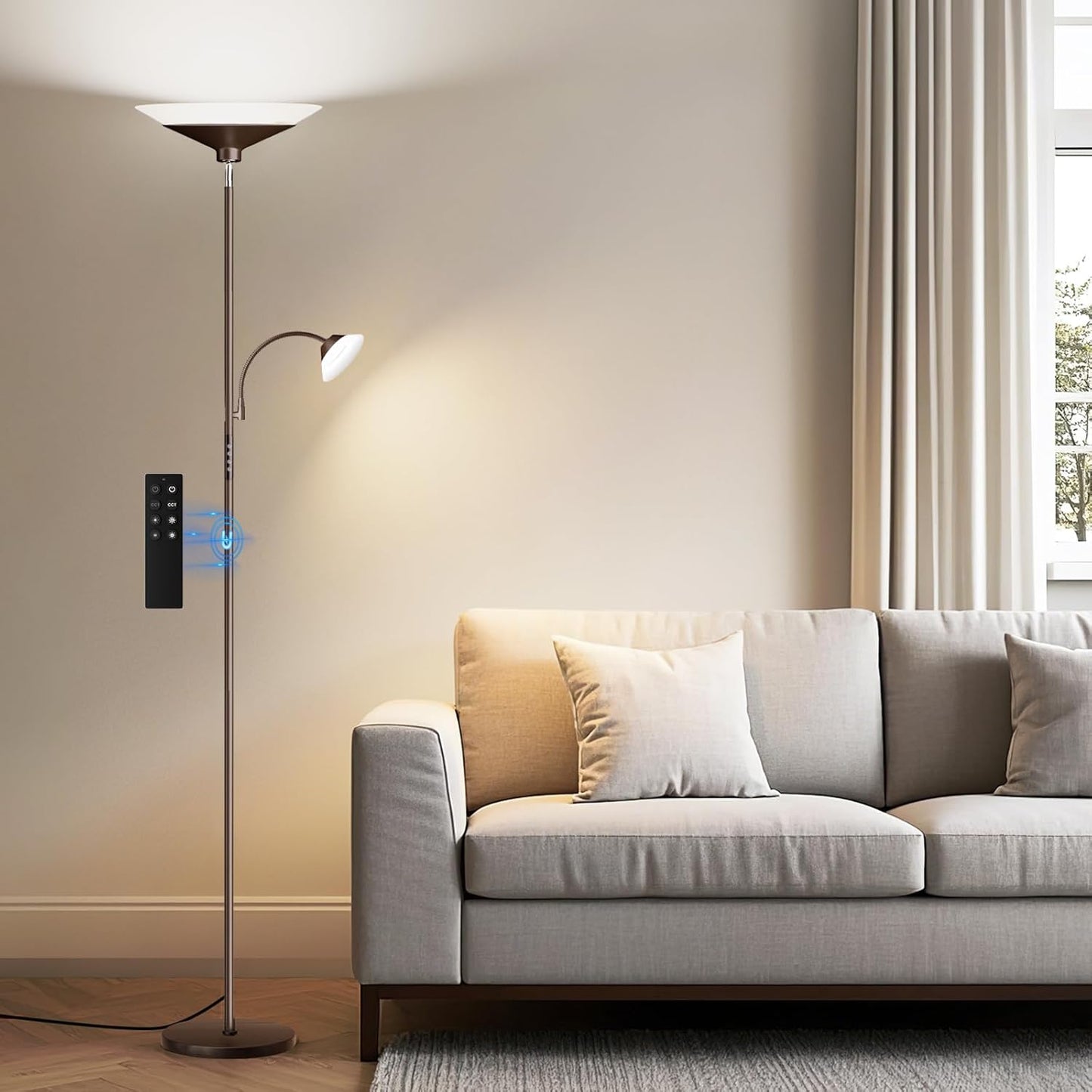 Brown Torchiere LED Floor Lamp - 72" Rotating Standing Lamp with Remote, 34W Dimmable Floor Light with Color Changing, Tall Bright Corner Lamp for Reading Living Room Bedroom Office