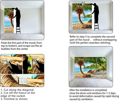 Classy Beach Backdrop Wallpaper for Bedroom Palm Tree Large Wall Mural Living Room Beach Scene Adhesive Fabric Decor - 160"x108"（Not Peel and Stick）