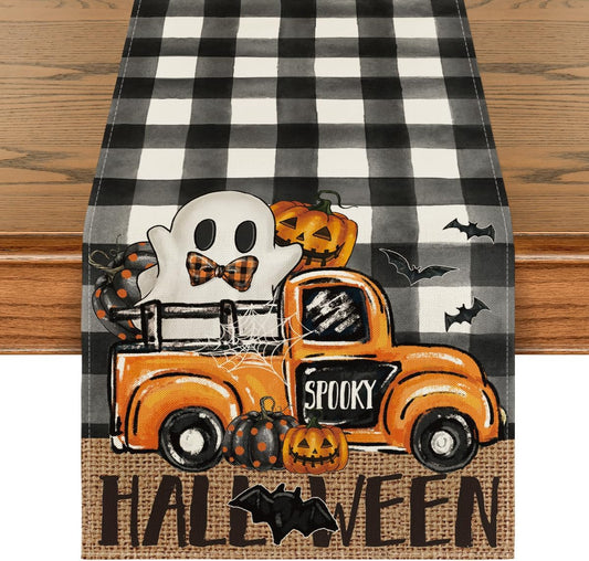 Artoid Mode Buffalo Plaid Bat Pumpkin Ghost Truck Spooky Halloween Table Runner, Sensonal Kitchen Dining Table Decor for Home Party 13 x 72 Inch