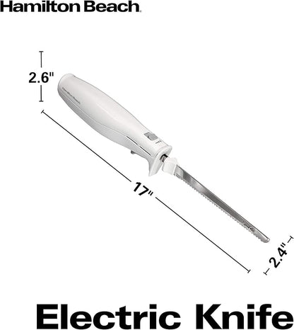 Hamilton Beach Electric Knife Set for Carving Meats, Poultry, Bread, Crafting Foam & More, Reciprocating Serrated Stainless Steel Blades, Ergonomic Design Storage Case + Fork Included, 5Ft Cord, White