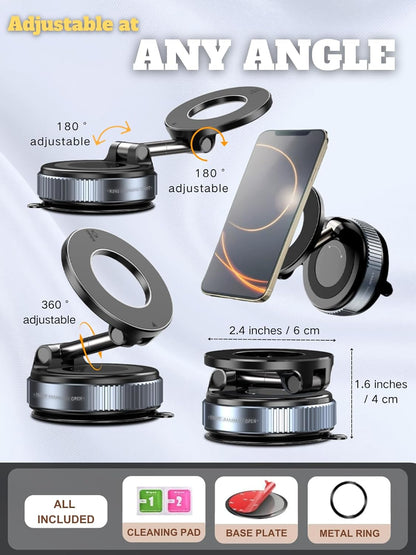 Car Phone Holder for Magsafe, 360° Adjustable Vacuum Magnetic Phone Mount with 3000gf Magnetic Grip & 40LBS Suction Cup, Shockproof Design for All Smartphones
