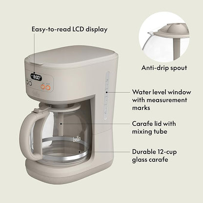 BELLA 12 Cup Programmable Coffee Marker, Reusable Dishwasher Safe Accessories, Easy LCD diaply, Auto Shutoff, 900 watt, Oatmilk