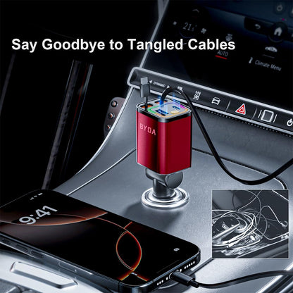 [2025 Mirco-Version] 4 in 1 Retractable Car Charger,69W Car Charger USB C,Cigarette Lighter Adapter,Fast Charging for iPhone 16e/16/15/14,13,Android (Red, for Lightning+USB-C)
