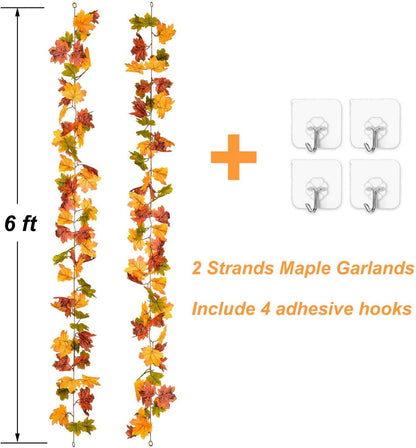 Lvydec 2 Pack Maple Leaves Fall Garland Clearance - 6ft/Strand Artificial Fall Foliage Garland Colorful Autumn Decoration for Home Wedding Party Thanksgiving