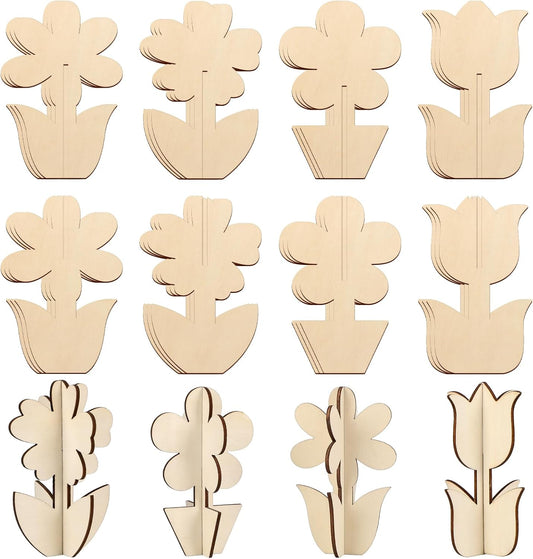 COCHIE DIY 3D Flower Spring Wood Crafts to Paint for Kids Adults, Paintable Unfinished Wooden Slices for Craft, Flowers Cutouts Ornaments for Painting Decorations (24 PCS)