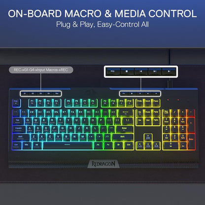 Redragon K525 RGB Backlit 104 Keys Wired Membrane Gaming Keyboard w/ 5 Multimedia Keys & 4 Extra On-Board Macro Keys, Dedicated Media Control, Ergonomic Wrist Rest, Linear Mechanical-Feel Switch