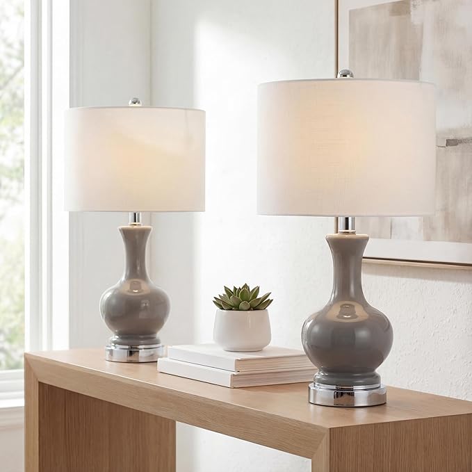 JONATHAN Y 22" Gray/Chrome Modern Glass Table Lamp Set of 2, Brass Gold Bedside Lamp with White Linen Shade for Bedroom Living Room, LED Bulbs Included (JYL4033B-SET2)