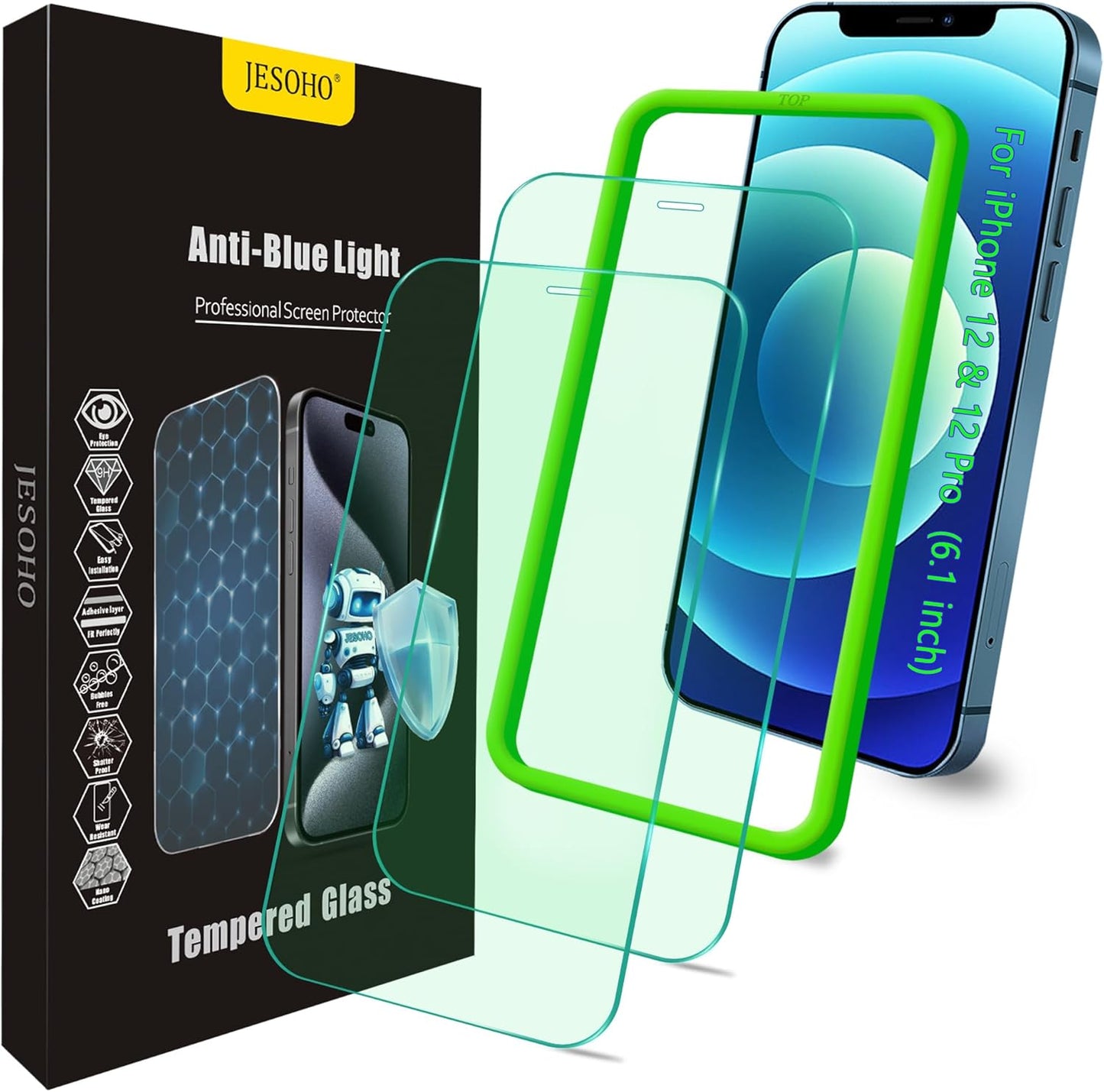 Blue Light Screen Protector for iPhone 12/12 Pro, (6.1") HD Anti Blue Light Blocking Tempered Glass Film, Eye Protection, Case Friendly, No Bubble,with Easy Installation Kit, 2 Pack