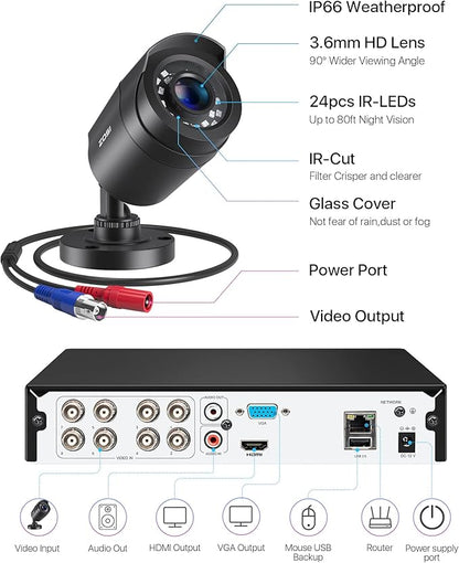 ZOSI 3K Lite 8CH Security Camera System Outdoor with 1TB Hard Drive,AI Human/Vehicle Detection,Night Vision,H.265+ 8 Channel 5MP Lite Video DVR Recorder,8X 1080P HD 1920TVL Weatherproof CCTV Cameras