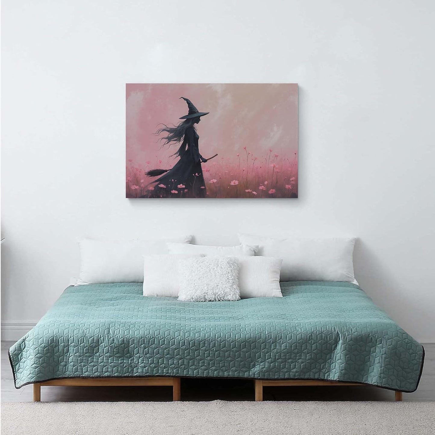 Witch in the pink sea of flowers Halloween prints weird flowers wall art silhouette painting fashionable romantic decoration suitable for bedroom28x40in Wood Framed