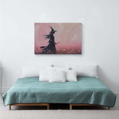 JFHCQJPK Witch in the pink sea of flowers Halloween prints weird flowers wall art silhouette painting fashionable romantic decoration suitable for bedroom28x40in Frameless