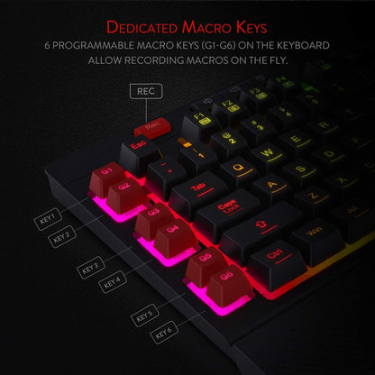 Redragon K512 Shiva RGB Backlit Membrane Gaming Keyboard with Multimedia Keys, Linear Mechanical-Feel Switch, 6 Extra On-Board Macro Keys, Dedicated Media Control, Detachable Wrist Rest