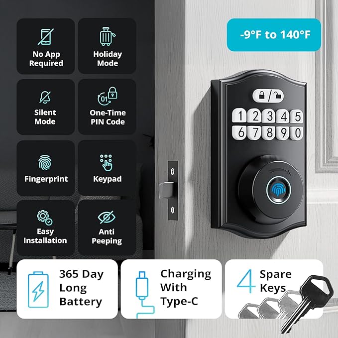 Keypad & Fingerprint Keyless Entry Front Door Lock with Handle Set, Digital Electronic Deadbolt Code Lock for Exterior Door, Auto Lock, One Time Code, Anti Peeping, Holiday & Silent Mode