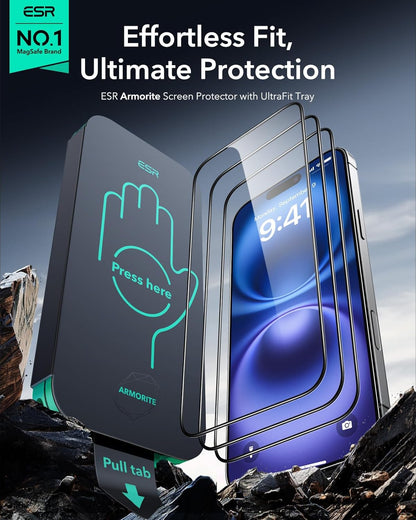 ESR 3 Pack 9H+ Glass for iPhone 16 / iPhone 15 Screen Protector, [Military Grade Shatterproof & Longest Durable] Armorite Ultra-tough Full Coverage Tempered Glass with UltraFit Tray